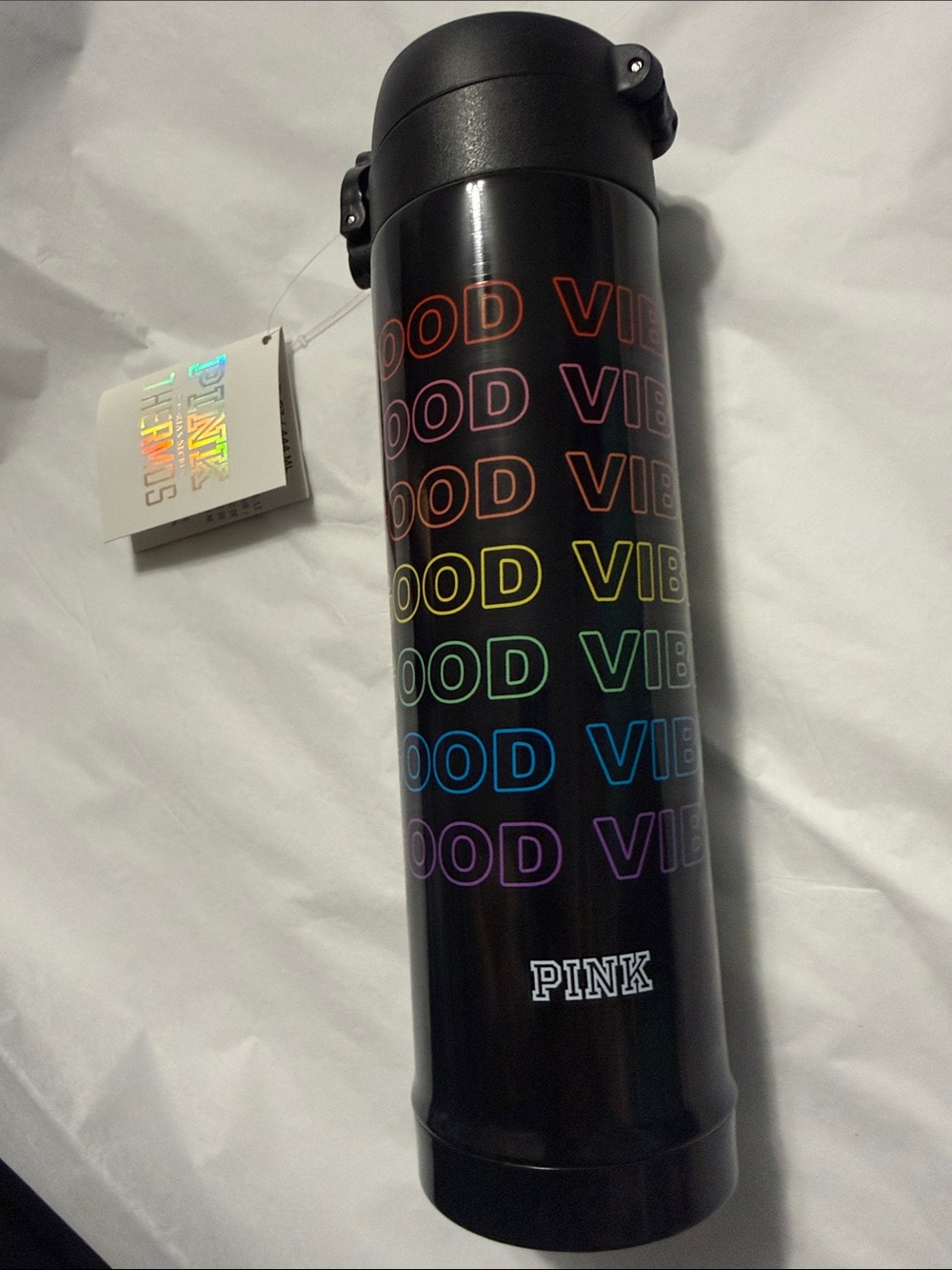 PINK Victoria Secret “Good Vibes” Black Thermos (15 oz.) NWT - Picture 2 of 8